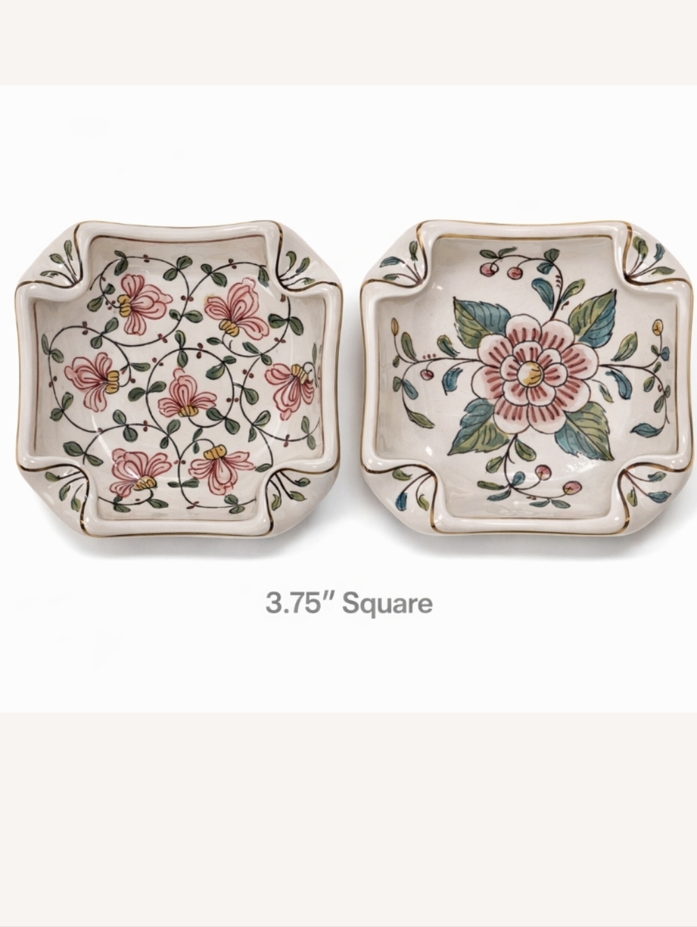 Vintage Set Floral Ceramic Ashtrays Hand-Painted Pink & Green Flower Motifs